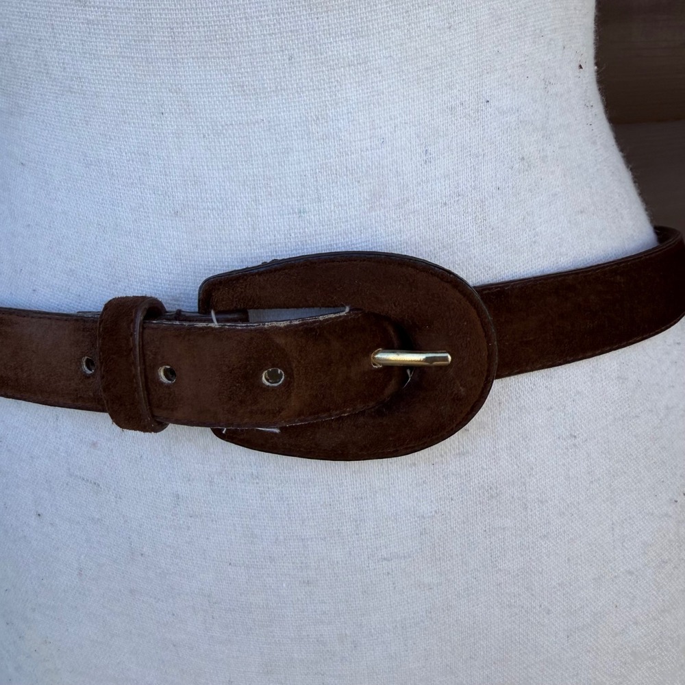 Pig Suede Leather Belt Womens Large Dark Brown Gold Buckle Classic Boho Western - Picture 2 of 15